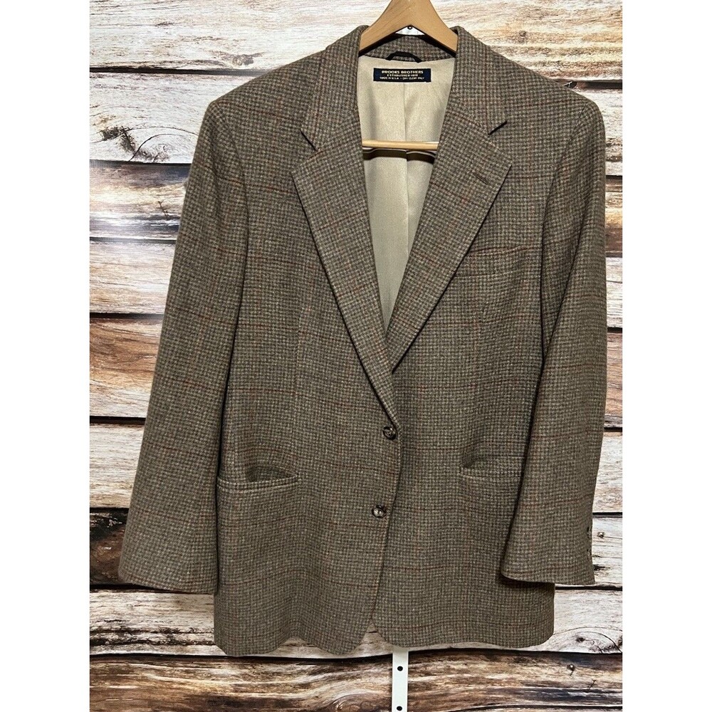 Vintage Brooks Brothers 100% Camel Hair Blazer Houndstooth Suit Jacket 43R